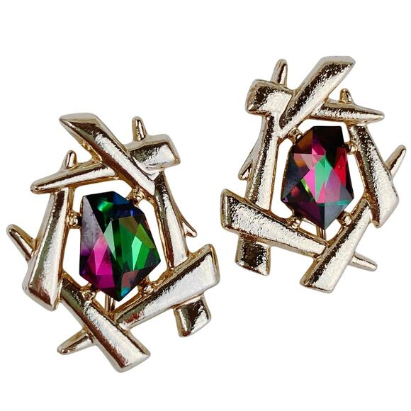 VTG Signed Sarah Coventry Clip On Earrings Watermelon Glass Gold Tone 1970s - Picture 1 of 11
